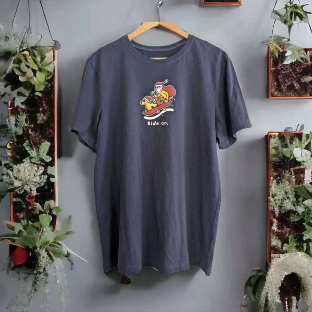Nwt Life Is Good Santa Sleigh Ride On Short Sleeve Tee, sz S, muted Blue